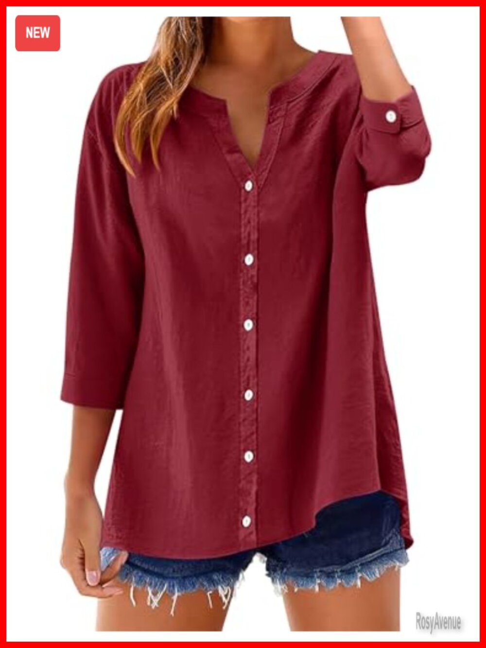 LOMON Cotton Linen 3/4 Sleeve V Neck Button Down Shirt Women's Top